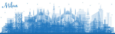Outline Milan Italy City Skyline with Blue Buildings. vector illustration. Business Travel and Concept with Historic Architecture. Milan Cityscape with Landmarks.のイラスト素材