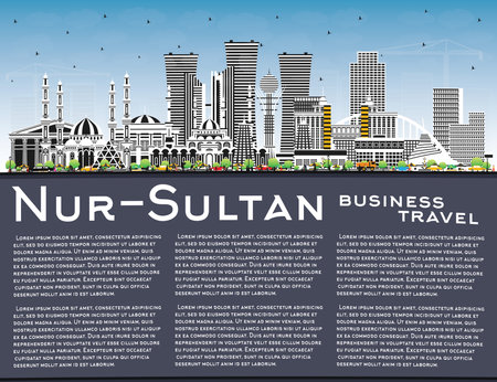 Nur-Sultan Kazakhstan City Skyline with Color Buildings, Blue Sky and Copy Space. vector illustration. Nur-Sultan Cityscape with Landmarks. Concept with Modern Architecture.のイラスト素材