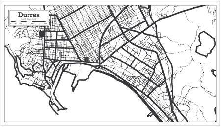 Durres Albania City Map in Black and White Color in Retro Style Isolated on White. outline map. vector illustration.のイラスト素材