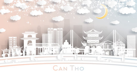 Can Tho Vietnam City Skyline in Paper Cut Style with White Buildings, Moon and Neon Garland. vector illustration. Travel and Tourism Concept. Can Tho Cityscape with Landmarks.のイラスト素材