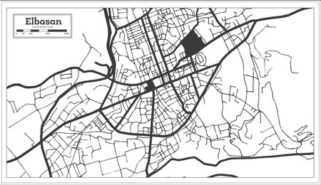 Elbasan Albania City Map in Black and White Color in Retro Style Isolated on White. outline map. vector illustration.のイラスト素材