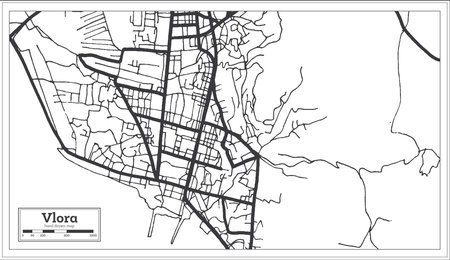 Vlora Albania City Map in Black and White Color in Retro Style Isolated on White. outline map. vector illustration.のイラスト素材