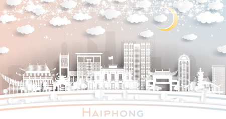 Haiphong Vietnam City Skyline in Paper Cut Style with White Buildings, Moon and Neon Garland. vector illustration. Travel and Tourism Concept. Haiphong Cityscape with Landmarks.のイラスト素材