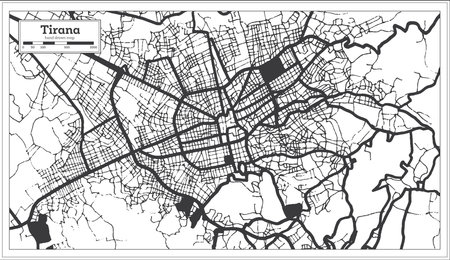 Tirana Albania City Map in Black and White Color in Retro Style Isolated on White. outline map. vector illustration.のイラスト素材