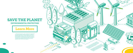 Electric Truck with Charging Station. Isometric Outline Concept. Solar Panels and Wind Turbines on a Background. Save the Planet Concept. Ecology Conservation. vector illustration.のイラスト素材