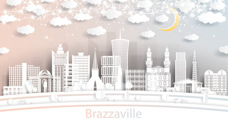 Brazzaville Republic of Congo City Skyline in Paper Cut Style with White Buildings, Moon and Neon Garland. vector illustration. Travel and Tourism Concept. Brazzaville Cityscape with Landmarks.のイラスト素材