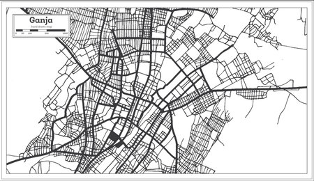 Ganja Azerbaijan City Map in Black and White Color in Retro Style Isolated on White. outline map. vector illustration.のイラスト素材