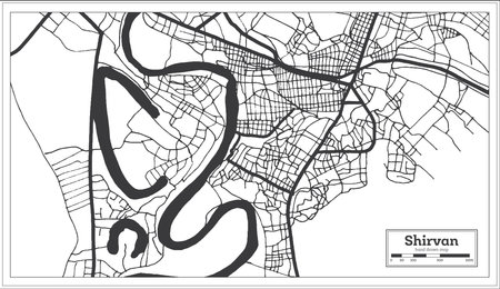 Shirvan Azerbaijan City Map in Black and White Color in Retro Style Isolated on White. outline map. vector illustration.のイラスト素材