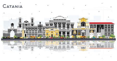 Catania Italy City Skyline with Gray Buildings and Reflections Isolated on White. vector illustration. Travel and Tourism Concept with Historic Architecture. Catania Sicily Cityscape with Landmarks.のイラスト素材