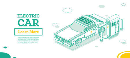 Electric Vehicle on Charging Station. Isometric Outline Concept. vector illustration. Car Charging Battery. Green Environment, Ecology and Sustainable Lifestyle.のイラスト素材