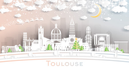 Toulouse France City Skyline in Paper Cut Style with Snowflakes, Moon and Neon Garland. vector illustration. Christmas and New Year Concept. Santa Claus on Sleigh. Toulouse Cityscape with Landmarks.のイラスト素材