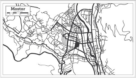 Mostar Bosnia and Herzegovina City Map in Black and White Color in Retro Style Isolated on White. outline map. vector illustration.のイラスト素材
