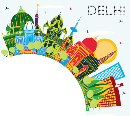 Delhi India City Skyline with Color Buildings, Blue Sky and Copy Space. vector illustration. Business Travel and Tourism Concept with Historic Architecture. Delhi Cityscape with Landmarks.のイラスト素材
