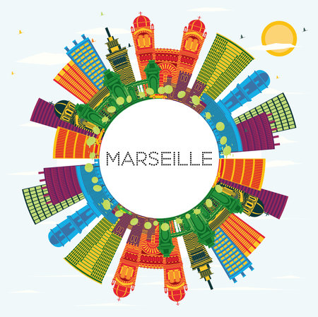 Marseille France City Skyline with Color Buildings, Blue Sky and Copy Space. vector illustration. Business Travel and Tourism Concept with Historic Architecture. Marseille Cityscape with Landmarks.のイラスト素材