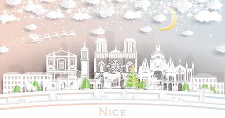 Nice France City Skyline in Paper Cut Style with Snowflakes, Moon and Neon Garland. vector illustration. Christmas and New Year Concept. Santa Claus on Sleigh. Nice Cityscape with Landmarks.のイラスト素材