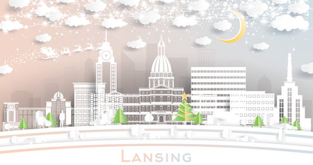 Lansing Michigan City Skyline in Paper Cut Style with Snowflakes, Moon and Neon Garland. vector illustration. Christmas and New Year. Santa Claus on Sleigh. Lansing USA Cityscape with Landmarks.のイラスト素材