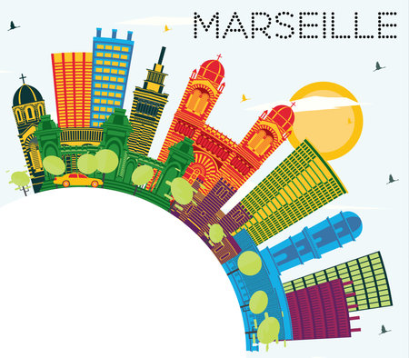 Marseille France City Skyline with Color Buildings, Blue Sky and Copy Space. vector illustration. Business Travel and Tourism Concept with Historic Architecture. Marseille Cityscape with Landmarks.のイラスト素材