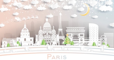 Paris France City Skyline in Paper Cut Style with Snowflakes, Moon and Neon Garland. vector illustration. Christmas and New Year Concept. Santa Claus on Sleigh. Paris Cityscape with Landmarks.のイラスト素材