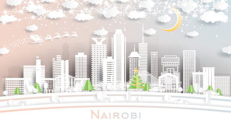 Nairobi Kenya City Skyline in Paper Cut Style with Snowflakes, Moon and Neon Garland. vector illustration. Christmas and New Year Concept. Santa Claus on Sleigh. Nairobi Cityscape with Landmarks.のイラスト素材
