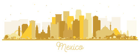 Mexico Skyline Silhouette with Golden Buildings Isolated on White. vector illustration. Concept with Historic Architecture. Mexico Cityscape with Landmarks. puebla. Mexico. Tijuana. Guadalajara.のイラスト素材