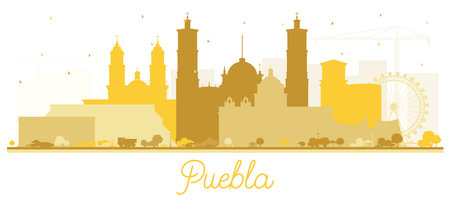 Puebla Mexico City Skyline Silhouette with Golden Buildings Isolated on White. vector illustration. Tourism Concept with Historic and Modern Architecture. Puebla Cityscape with Landmarks.のイラスト素材