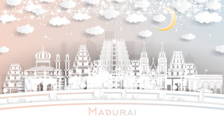 Madurai India City Skyline in Paper Cut Style with White Buildings, Moon and Neon Garland. vector illustration. Business Travel and Tourism Concept. Madurai Cityscape with Landmarks.のイラスト素材