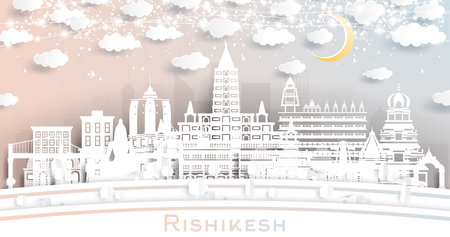 Rishikesh India City Skyline in Paper Cut Style with White Buildings, Moon and Neon Garland. vector illustration. Business Travel and Tourism Concept. Rishikesh Cityscape with Landmarks.のイラスト素材