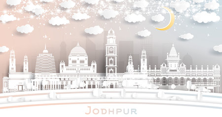 Jodhpur India City Skyline in Paper Cut Style with White Buildings, Moon and Neon Garland. vector illustration. Business Travel and Tourism Concept. Jodhpur Cityscape with Landmarks.のイラスト素材