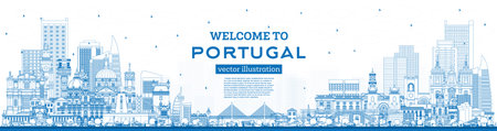 Welcome to Portugal. Outline City Skyline with Blue Buildings. vector illustration. Concept with Modern and Historic Architecture. Portugal Cityscape with Landmarks. Porto and Lisbon.のイラスト素材