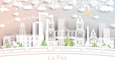 La Paz Bolivia City Skyline in Paper Cut Style with Snowflakes, Moon and Neon Garland. vector illustration. Christmas and New Year Concept. Santa Claus on Sleigh. La Paz Cityscape with Landmarks.のイラスト素材