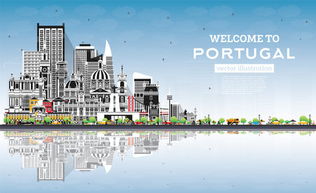 Welcome to Portugal. City Skyline with Gray Buildings, Blue Sky and Reflections. vector illustration. Modern and Historic Architecture. Portugal Cityscape with Landmarks. Porto and Lisbon.のイラスト素材