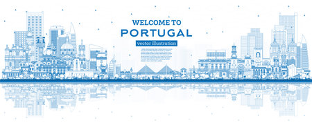 Welcome to Portugal. Outline City Skyline with Blue Buildings and Reflections. vector illustration. Concept with Modern and Historic Architecture. Portugal Cityscape with Landmarks. Porto and Lisbon.のイラスト素材