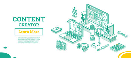 content creator. Isometric Outline Concept. vector illustration. blog content strategy. Laptop with Microphone, Gimbal Stabilizer for Smartphone, Camera and Headphones Isolated on White.のイラスト素材