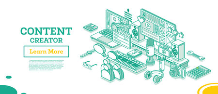 content creator. Isometric Outline Concept. vector illustration. Blog or Vlog Content Strategy. Laptop with Clapping Board, Stabilizer for Smartphone, Camera and Midi Keyboard Isolated on White.のイラスト素材