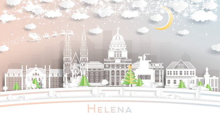 Helena Montana City Skyline in Paper Cut Style with Snowflakes, Moon and Neon Garland. Vector. Christmas and New Year Concept. Santa Claus on Sleigh. Helena USA Cityscape with Landmarks.のイラスト素材
