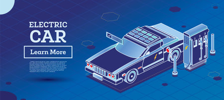 Electric Vehicle on Charging Station. Isometric Outline Concept. vector illustration. Car Charging Battery. Green Environment, Ecology and Sustainable Lifestyle.のイラスト素材