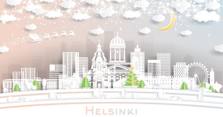 Helsinki Finland City Skyline in Paper Cut Style with Snowflakes, Moon and Neon Garland. Vector. Christmas and New Year Concept. Santa Claus on Sleigh. Helsinki Cityscape with Landmarks.のイラスト素材