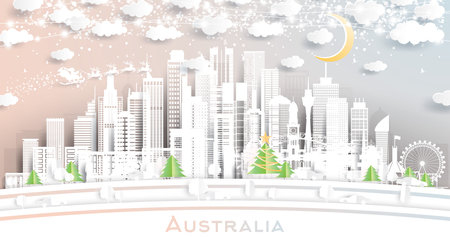 Australia City Skyline in Paper Cut Style with Snowflakes, Moon and Neon Garland. vector illustration. Christmas and New Year Concept. Santa Claus on Sleigh. Australia Cityscape with Landmarks.のイラスト素材