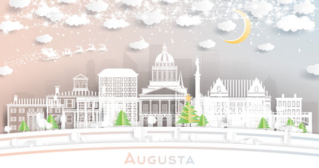 Augusta Maine City Skyline in Paper Cut Style with Snowflakes, Moon and Neon Garland. vector illustration. Christmas and New Year Concept. Santa Claus on Sleigh. Augusta Cityscape with Landmarks.のイラスト素材