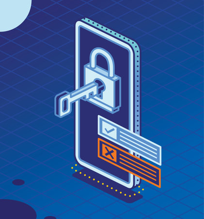 Isometric Smartphone with Key Inserted in Lock. data protection. vector illustration. Cyber Security Concept. Padlock on Screen of the Phone.のイラスト素材