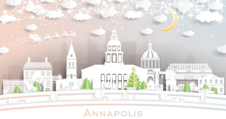 Annapolis Maryland City Skyline in Paper Cut Style with Snowflakes, Moon and Neon Garland. vector illustration. Christmas and New Year Concept. Santa Claus on Sleigh. Annapolis Cityscape Landmarks.のイラスト素材