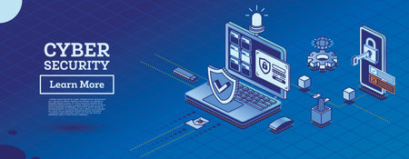 Cyber Security Concept. shield symbol. Isometric Laptop and Smartphone with Key Inserted in Lock. data protection. vector illustration. Authentication Form on Laptop Screen. Blue flasher.のイラスト素材