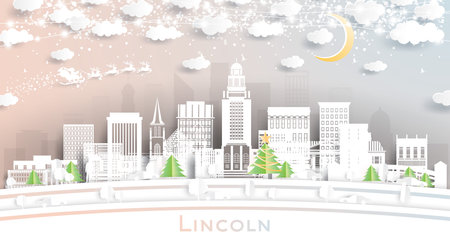 Lincoln Nebraska City Skyline in Paper Cut Style with Snowflakes, Moon and Neon Garland. vector illustration. Christmas and New Year Concept. Santa Claus on Sleigh. Lincoln USA Cityscape Landmarks.のイラスト素材