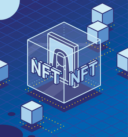 Isometric NFTs. Artwork Inside of Transparent Cube. blockchain technology. vector illustration. Blocks with information.のイラスト素材