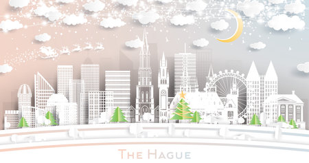 The Hague Netherlands City Skyline in Paper Cut Style with Snowflakes, Moon and Neon Garland. vector illustration. Christmas and New Year Concept. Santa Claus on Sleigh. Hague Cityscape Landmarks.のイラスト素材