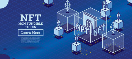 Isometric NFTs. Artwork Inside of Transparent Cube. blockchain technology. vector illustration. Blocks with information.のイラスト素材