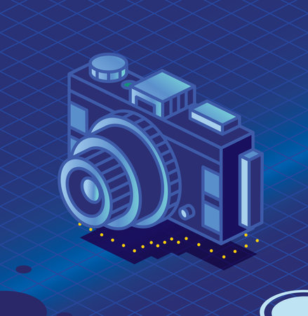 Digital Photo Camera on Blue Background. vector illustration. Isometric Outline Icon.のイラスト素材
