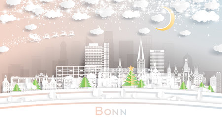 Bonn Germany City Skyline in Paper Cut Style with Snowflakes, Moon and Neon Garland. vector illustration. Christmas and New Year Concept. Santa Claus on Sleigh. Bonn Cityscape with Landmarks.のイラスト素材