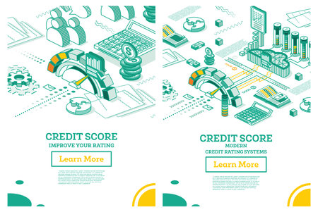 Isometric Personal Credit Score or Rating Concept. Coins with Calculator. Avatars with Speech Bubbles. Outline Loan History Meter or Scale for Creditworthiness Report.の写真素材