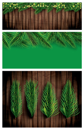 Fir Branch with Neon Lights on Wooden Background. Pine Sprigs on Above.の写真素材